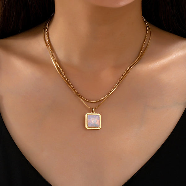 Layered Square Opal Pendant Necklace