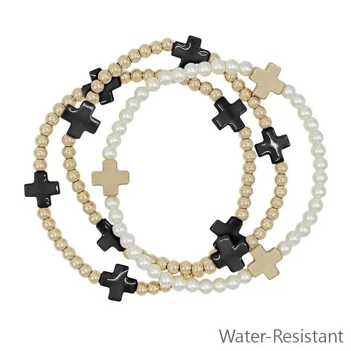 Water Resistant Gold Beaded w/ Black Cross & Pearl Set of 3 Stretch Bracelets