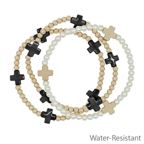 Water Resistant Gold Beaded w/ Black Cross & Pearl Set of 3 Stretch Bracelets