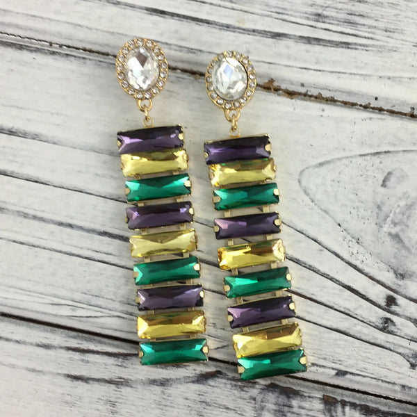 Mardi Gras Stacked Rectangle Gemstone Earrings