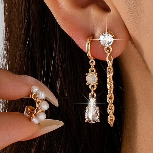 Pearl Hoop Crystal Drop Chain Trio Earring Set