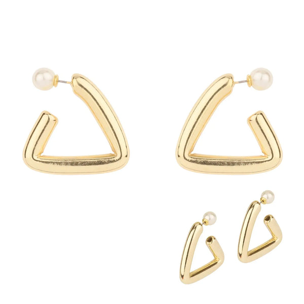 Lightweight Gold Triangle w/ Pearl Earring Back Accent 1.5" Earring