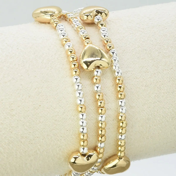 Trio Set Gold and Silver Beaded Stretch Bracelets with Gold Hearts