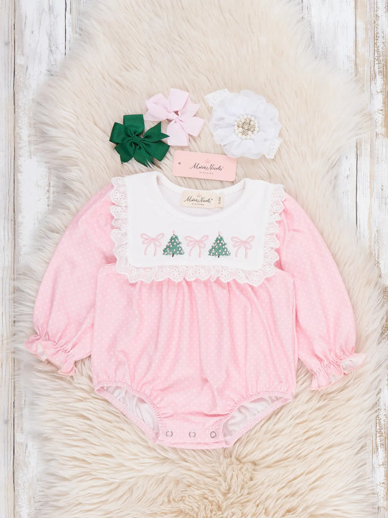 Tinsel Tree Bow Embroidered Bubble Romper