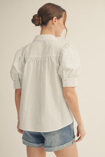 Pearl Rhinestone Button Detail Stripe Top