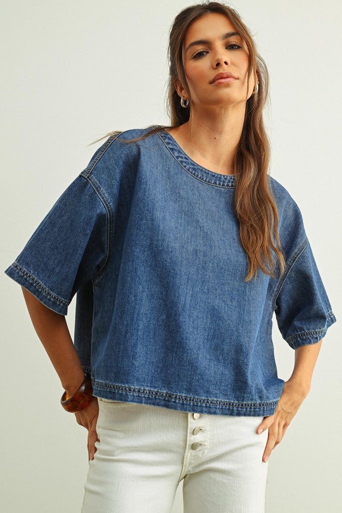Round Neck Short Sleeve Denim Top
