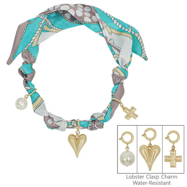 Knotted Scarf Necklace with Heart, Cross, & Pearl Charm