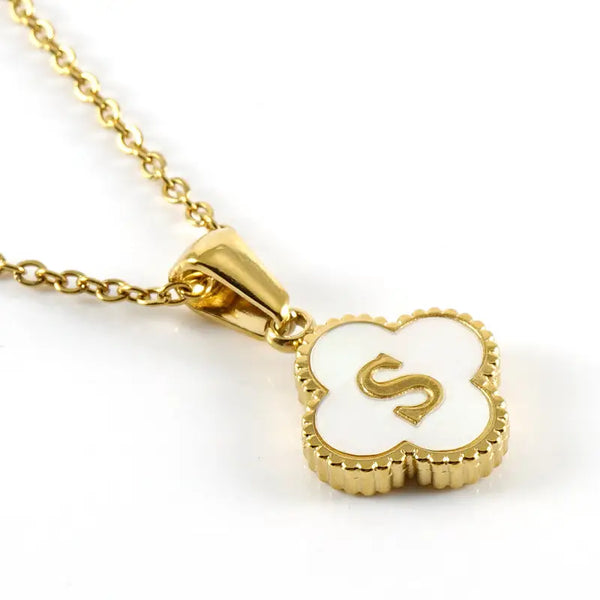 Clover Shell Initial Charm 18K Golden Steel Necklace
