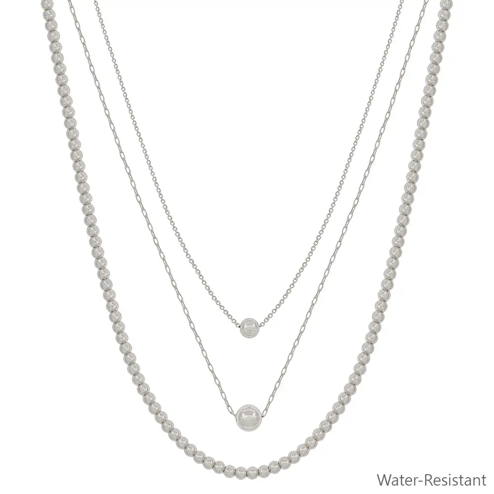Water Resistant Triple Layered Silver Beaded & Chain 16"-18" Necklace