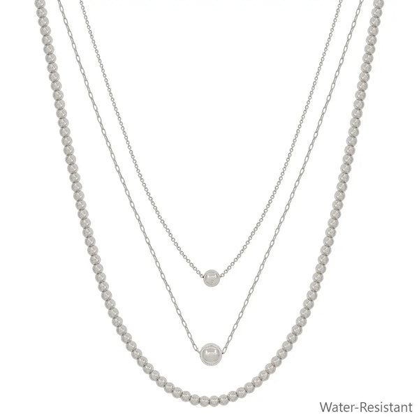 Water Resistant Triple Layered Silver Beaded & Chain 16"-18" Necklace