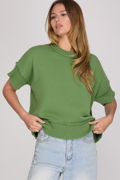 Drop Half Sleeve Crew Neck Sweater