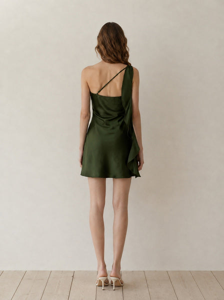 Asymmetrical Shoulder Detail Satin Mini Dress