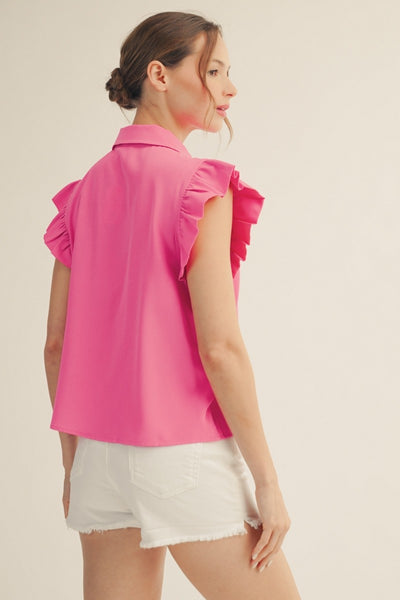 Ruffle Button Down Crinkled Solid Top