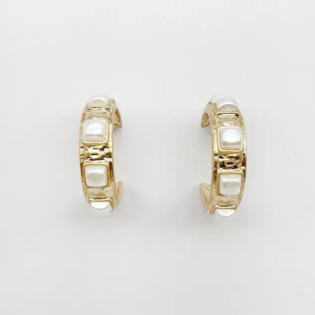 Worn Gold 1.25" Earrings with Pearl Square Stone Accents
