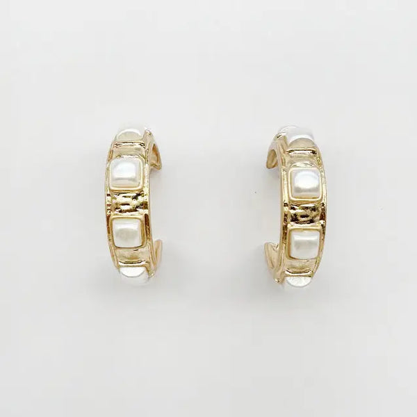 Worn Gold 1.25" Earrings with Pearl Square Stone Accents