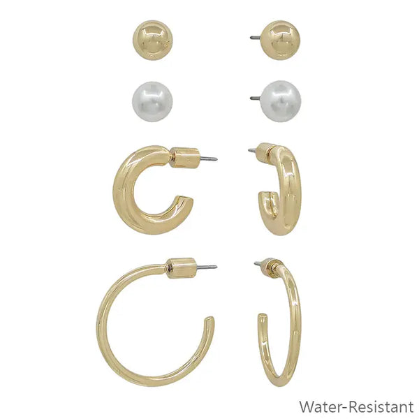 Water Resistant Set of 4 Gold & Pearl Studs with .5", .75" Hoop Earrings