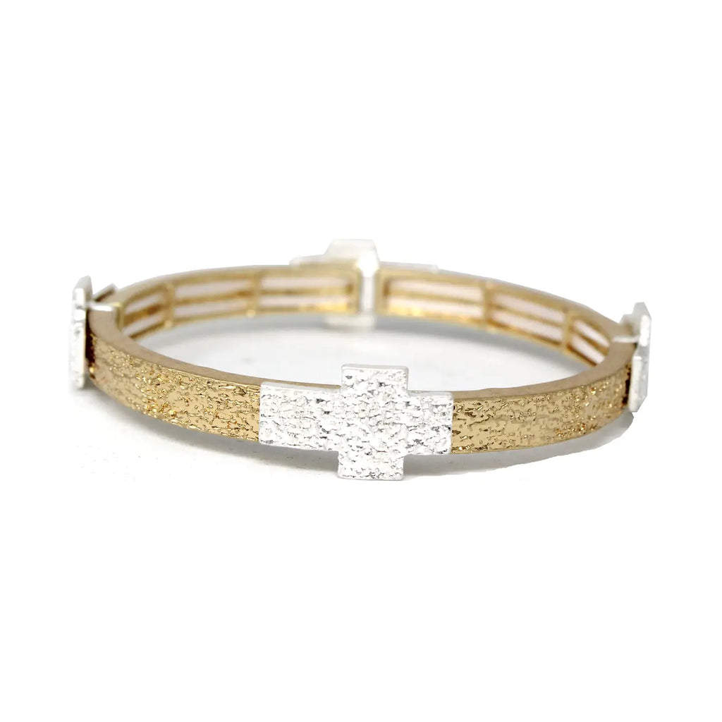 Hammered Gold with Silver Cross Accents Stretch Bracelet