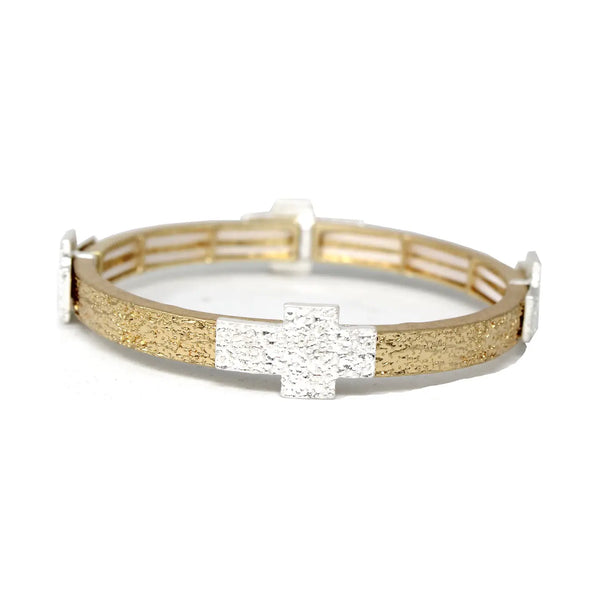 Hammered Gold with Silver Cross Accents Stretch Bracelet
