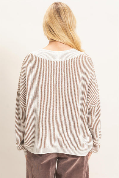 Striped V-Neck Ribbed Sweater