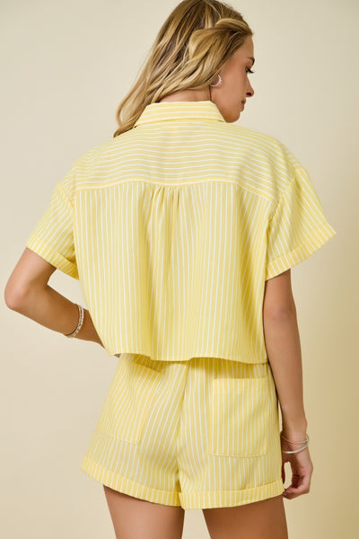 Set Striped Crop Button Down Top W/ High Waisted Shorts
