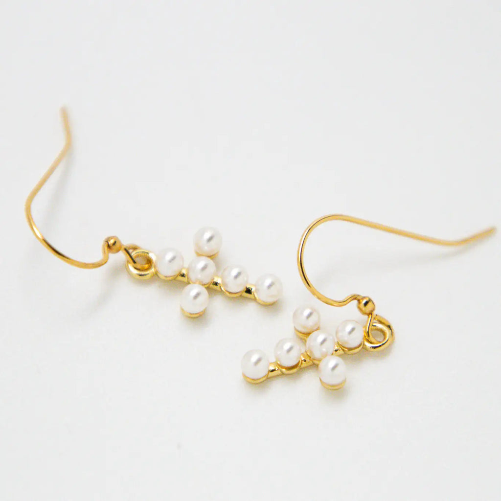 Cross Pearl French Hooks Gold Earrings