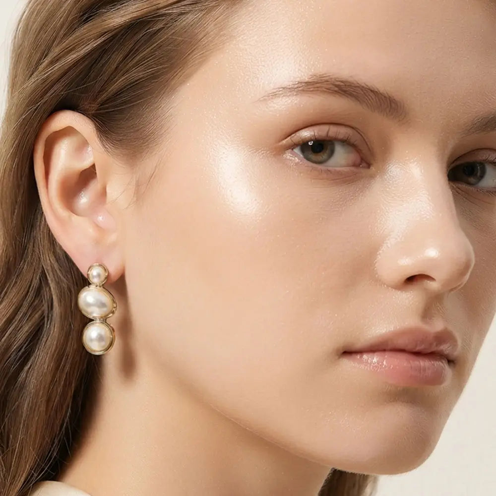 Triple Pearl Drop Stud Earrings