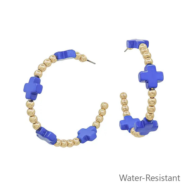 Water Resistant Gold Beaded & Royal Blue Cross Shape 2" Earring