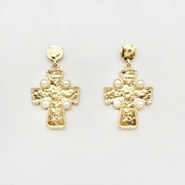 Worn Gold Hammered Cross w/ Pearl Accents 1.5" Earring