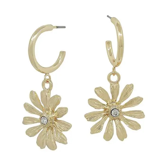 Gold Huggie Hoop w/ Rhinestone & Gold Flower 1" Earring