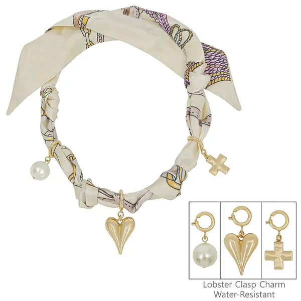 Knotted Scarf Necklace with Heart, Cross, & Pearl Charm