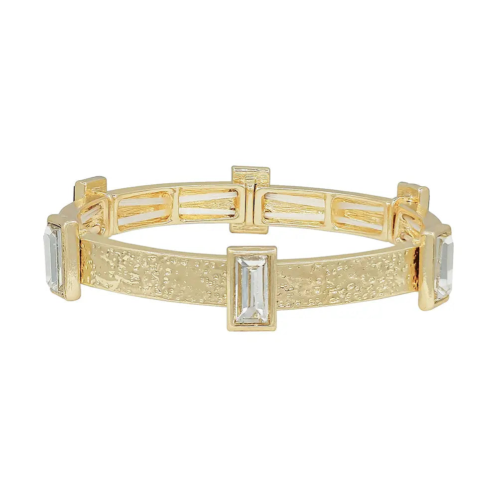 Textured Gold w/ Clear Rectangle Crystals Stretch Bracelet