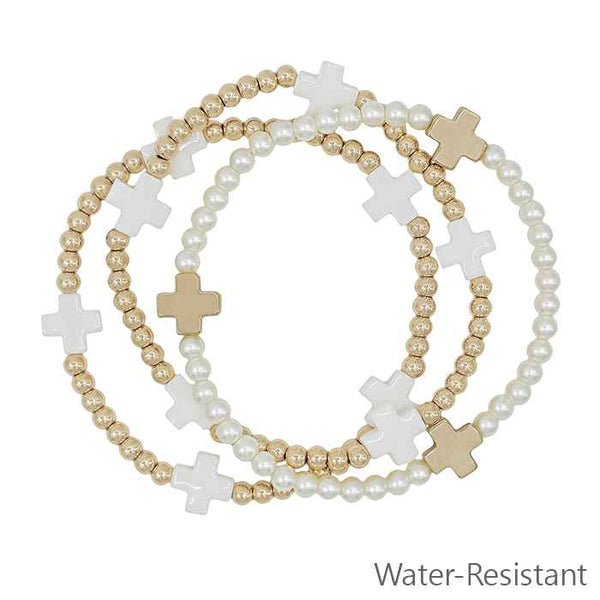 Water Resistant Gold Beaded w/ White Cross & Pearl Set of 3 Stretch Bracelets