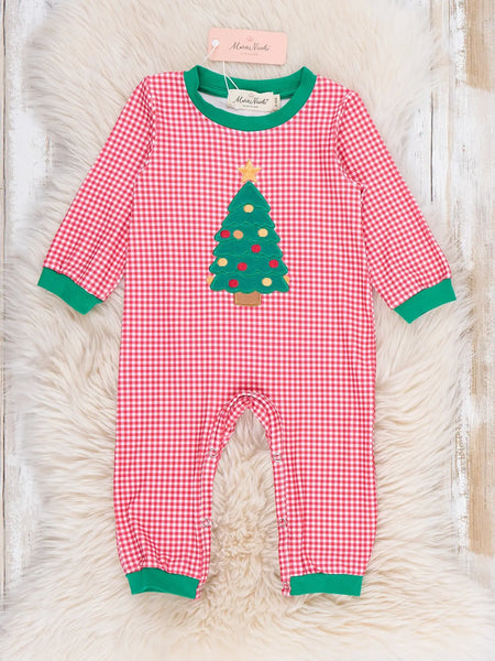 Gingham Christmas Tree Embroidered Romper