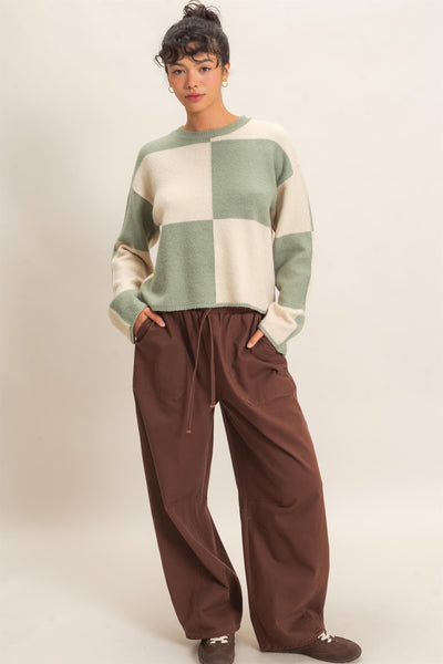 Crew Neck Checkered Sweater