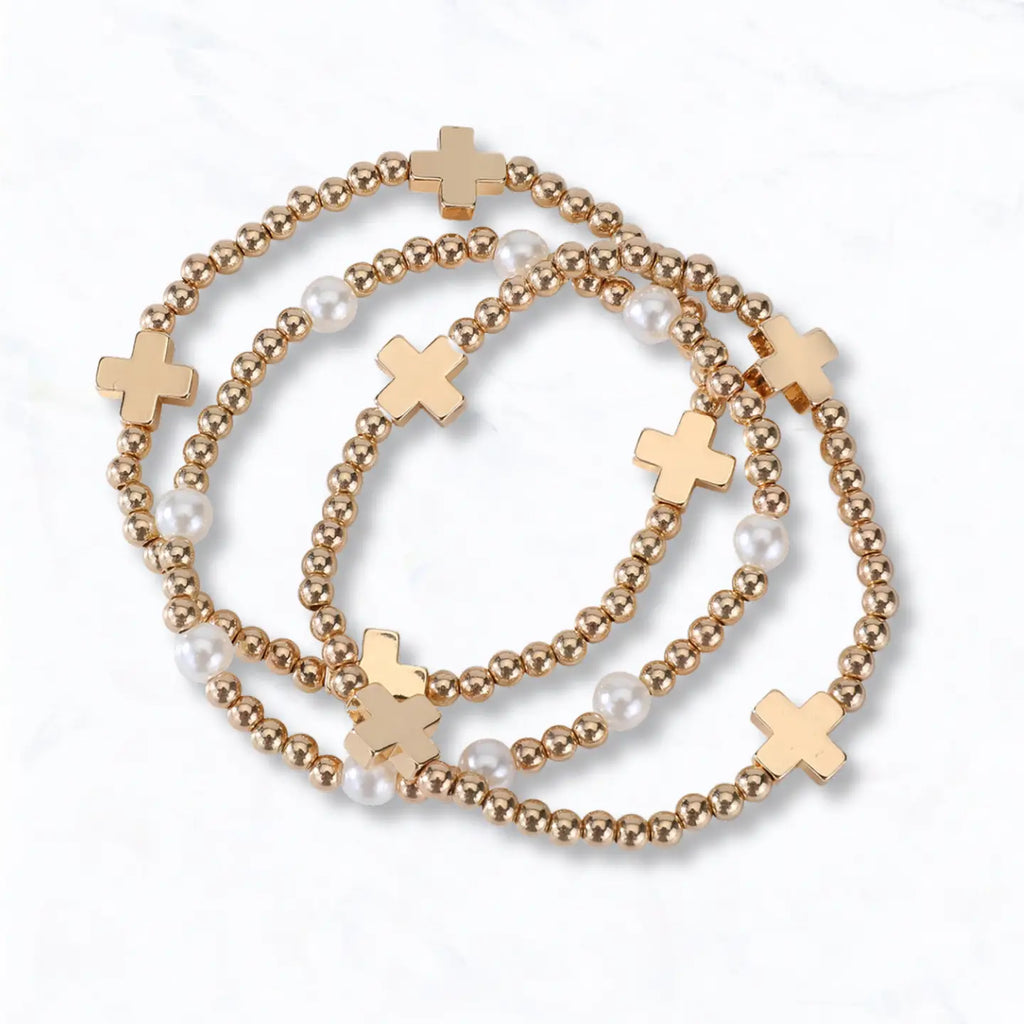 Gold Beaded Cross Bracelet Set w/ Pearl Accent
