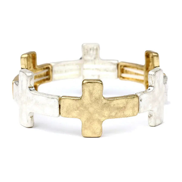 Worn Gold & Silver Cross Stretch Bracelet