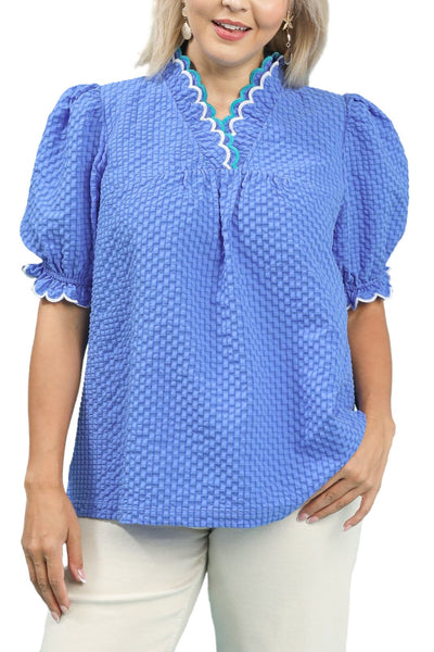 Scallop Trim Textured Puff Sleeve Top