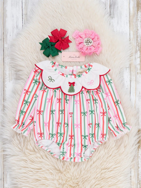 Merry Bow Stripes Bubble Romper