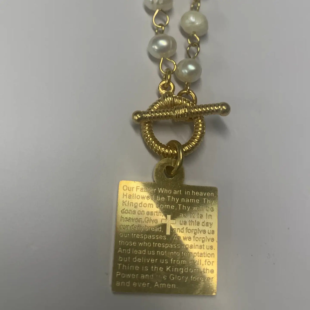 21" Lord's Prayer Fresh Water Pearls Chain Necklace