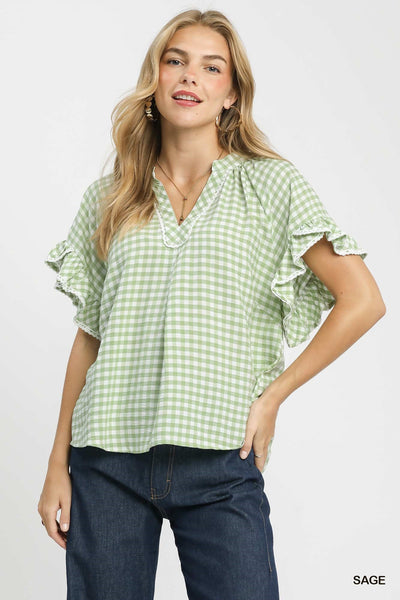 Gingham V-Neck Ruffle Top