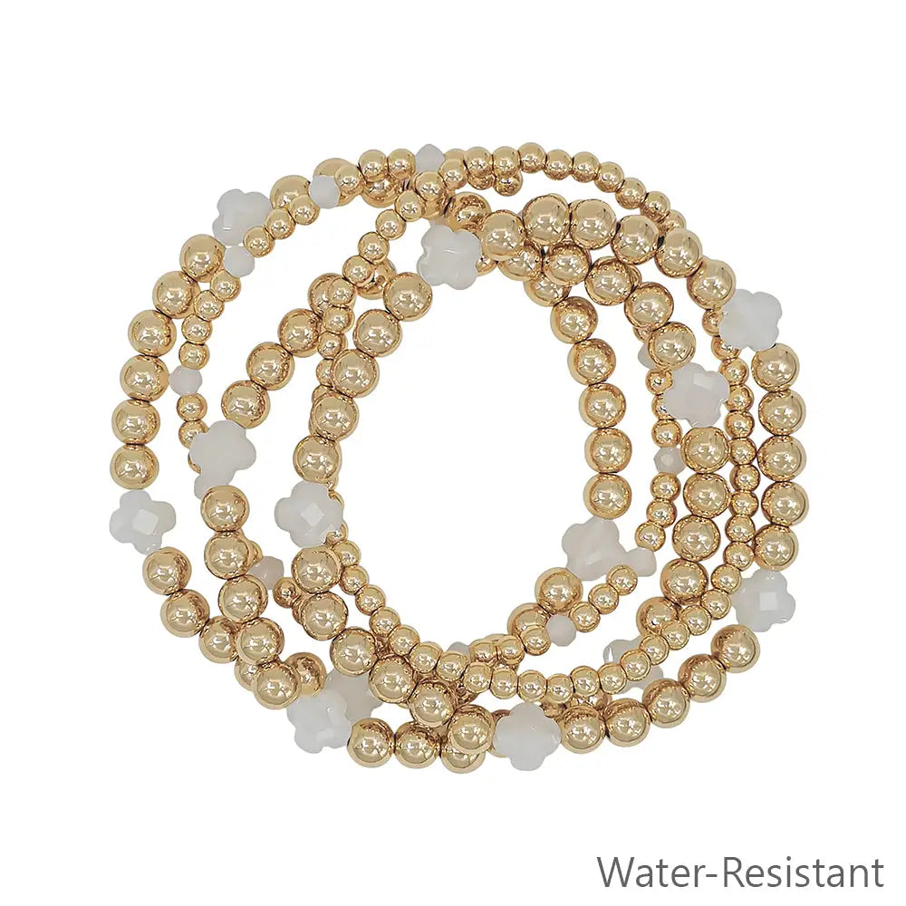 Water Resistant Set of 5 Gold Textured Beaded & White Clover Stretch Bracelets