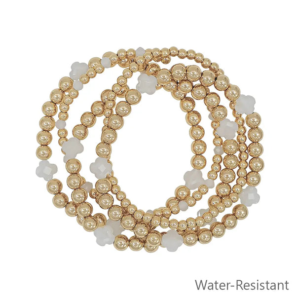 Water Resistant Set of 5 Gold Textured Beaded & White Clover Stretch Bracelets