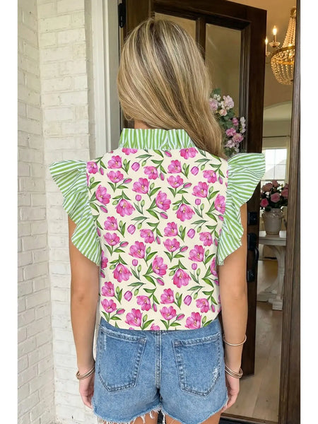 Sweet Floral Striped Ruffle Trim Blouse