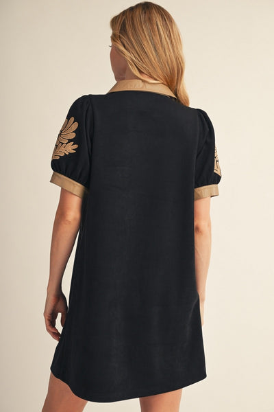 Embroidered Applique Detail Faux Suede Dress