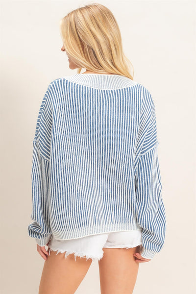 Striped V-Neck Ribbed Sweater