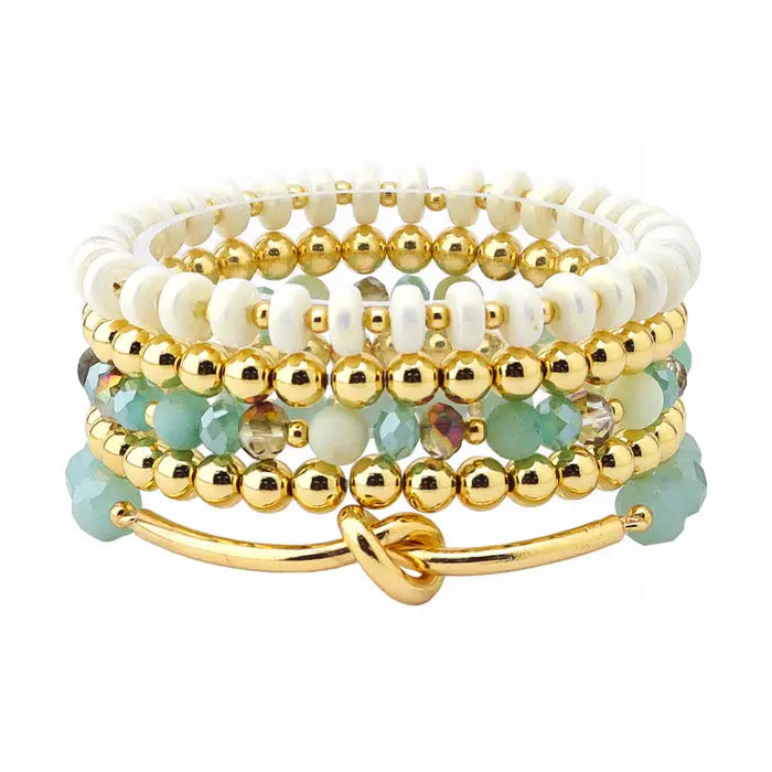 Set of 5 Gold Stretch Bracelets with White and Mint Crystals