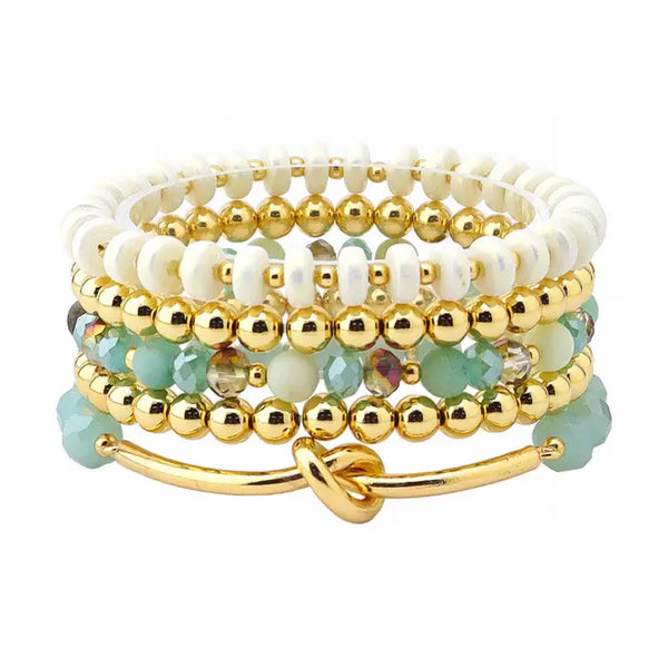 Set of 5 Gold Stretch Bracelets with White and Mint Crystals