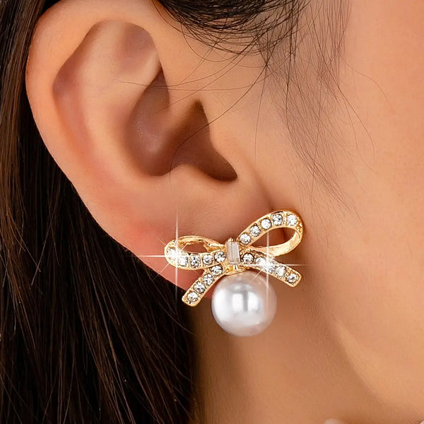Pearl and Crystal Bow Stud Earrings