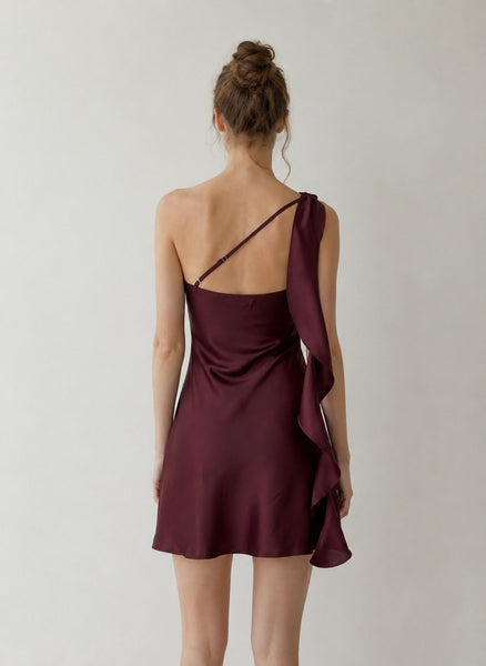 Asymmetrical Shoulder Detail Satin Mini Dress