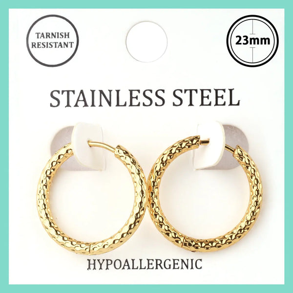 Stainless Steel Gold Ribbed 1" Hoop Earring